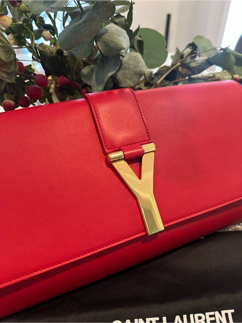 AUTHENTIC Saint Laurent Calfskin Red Leather Y-Closure Clutch with Gold Hardware